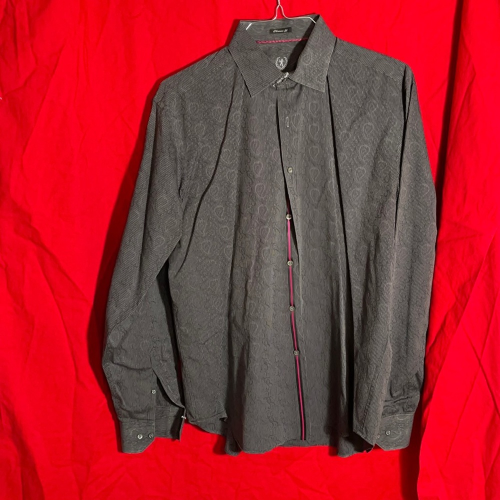 BUGATCHI UOMO Men’s Classic Fit Grey Paisley Stripe shirt sz LG